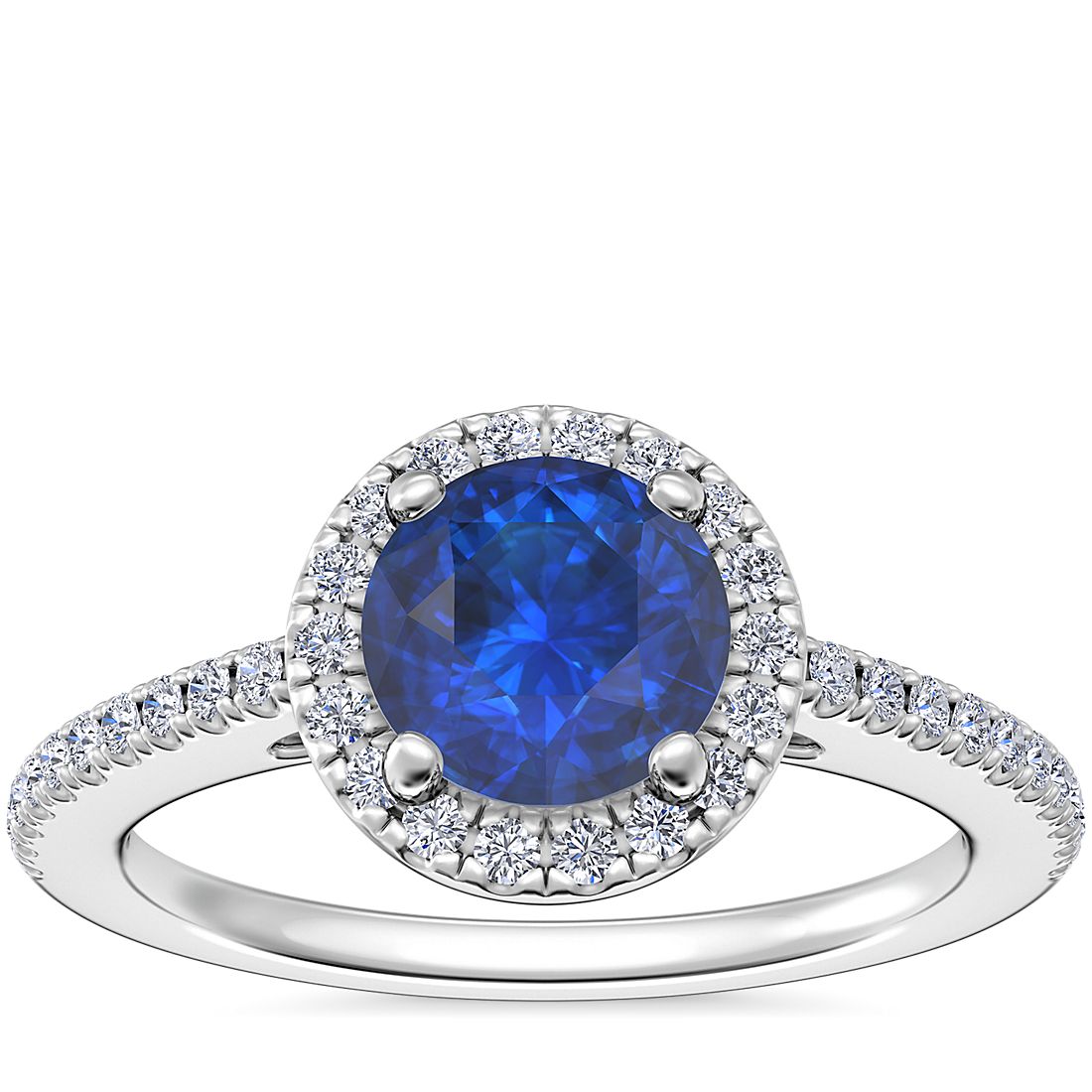 Classic Halo Diamond Engagement Ring with Round Sapphire in Platinum ...