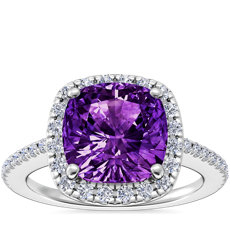 Classic Halo Diamond Engagement Ring with Cushion Amethyst in 14k White Gold (8mm)