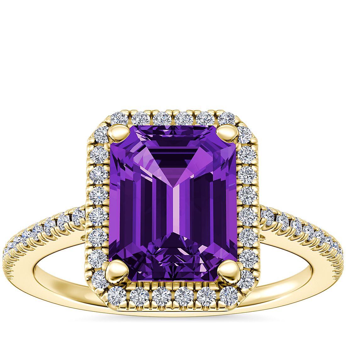 Classic Halo Diamond Engagement Ring with Emerald-Cut Amethyst in 14k Yellow Gold (9x7mm)