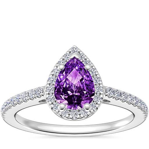 Classic Halo Diamond Engagement Ring with Pear-Shaped Amethyst in 14k ...