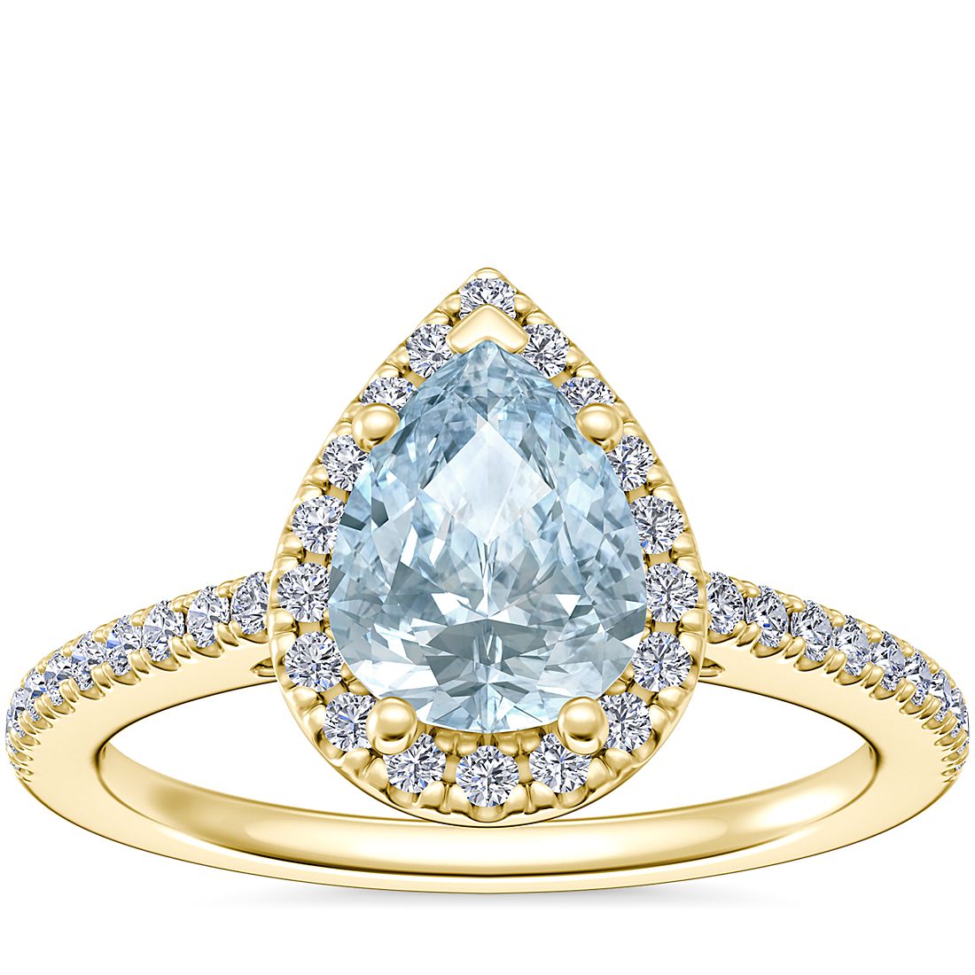 Classic Halo Diamond Engagement Ring with Pear-Shaped Aquamarine in 14k Yellow Gold (8x6mm)