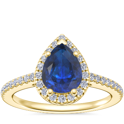Classic Halo Diamond Engagement Ring with Pear-Shaped Sapphire in 18k ...