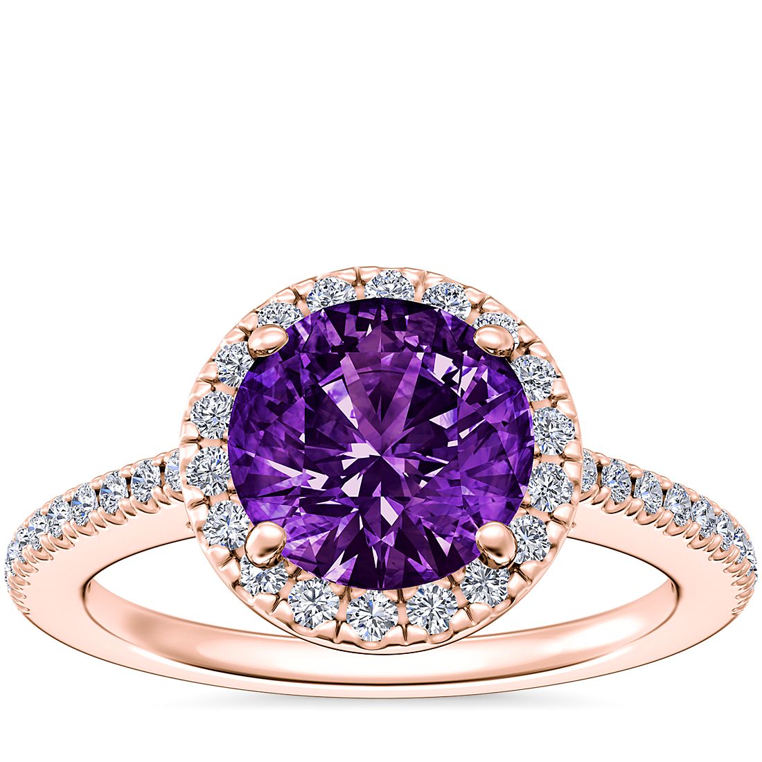 Classic Halo Diamond Engagement Ring with Round Amethyst in 14k Rose Gold (8mm)