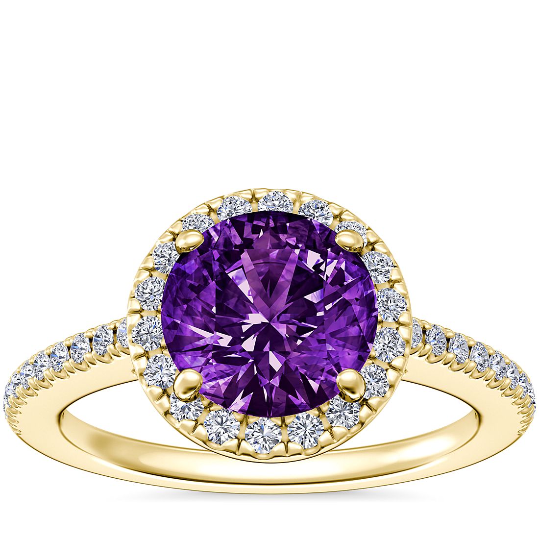 Classic Halo Diamond Engagement Ring with Round Amethyst in 14k Yellow Gold (8mm)