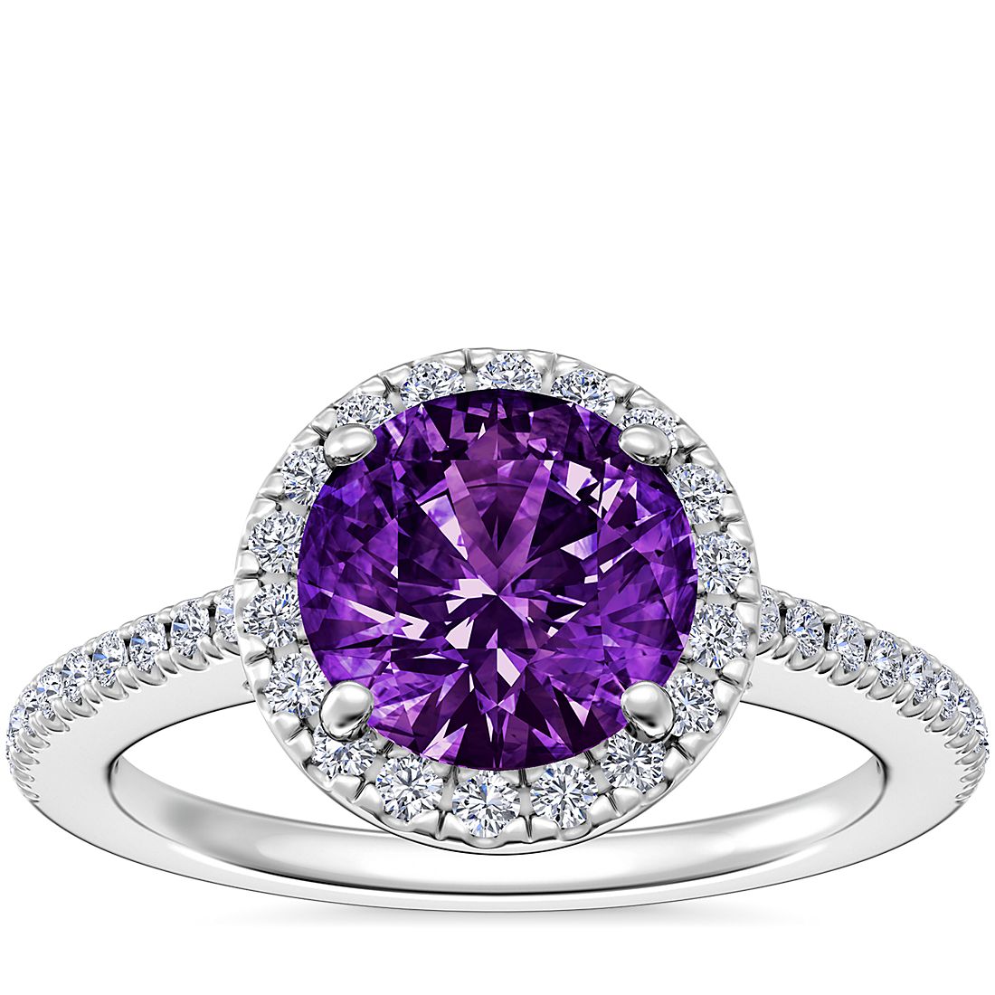 Classic Halo Diamond Engagement Ring with Round Amethyst in Platinum (8mm)
