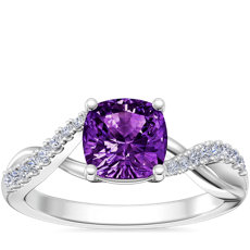 Classic Petite Twist Diamond Engagement Ring with Cushion Amethyst in 14k White Gold (6.5mm)
