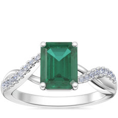 Classic Petite Twist Diamond Engagement Ring with Emerald-Cut Emerald in 14k White Gold (8x6mm)