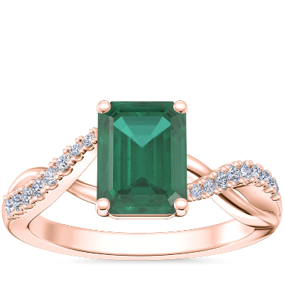 Classic Petite Twist Diamond Engagement Ring with Emerald-Cut Emerald in 18k Rose Gold (8x6mm)