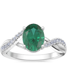 Classic Petite Twist Diamond Engagement Ring with Oval Emerald in 14k White Gold (8x6mm)