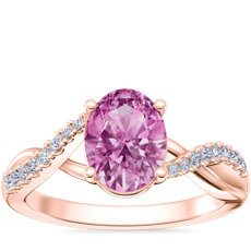 Anillo de compromiso clásico de diseño torcido con diamantes pequeños y zafiro ovalado de color rosado en oro rosado de 14 k (8x6 mm)