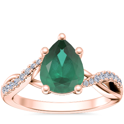 NEW Classic Petite Twist Diamond Engagement Ring with Pear-Shaped Emerald in 14k Rose Gold (8x6mm)