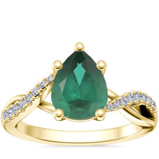 NUEVO. Anillo de compromiso clásico con diamantes pequeños, diseño torcido y esmeralda en forma de pera, en oro amarillo de 14 k (8x6 mm)