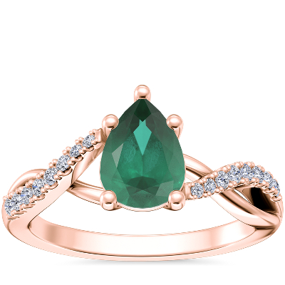 NEW Classic Petite Twist Diamond Engagement Ring with Pear-Shaped Emerald in 18k Rose Gold (7x5mm)