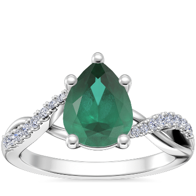 NEW Classic Petite Twist Diamond Engagement Ring with Pear-Shaped Emerald in 18k White Gold (8x6mm)