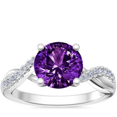 Classic Petite Twist Diamond Engagement Ring with Round Amethyst in 18k White Gold (8mm)