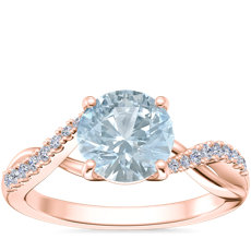 Anillo de compromiso clásico con diamantes pequeños y aguamarina de talla redonda en oro rosado de 18 k (6,5 mm)