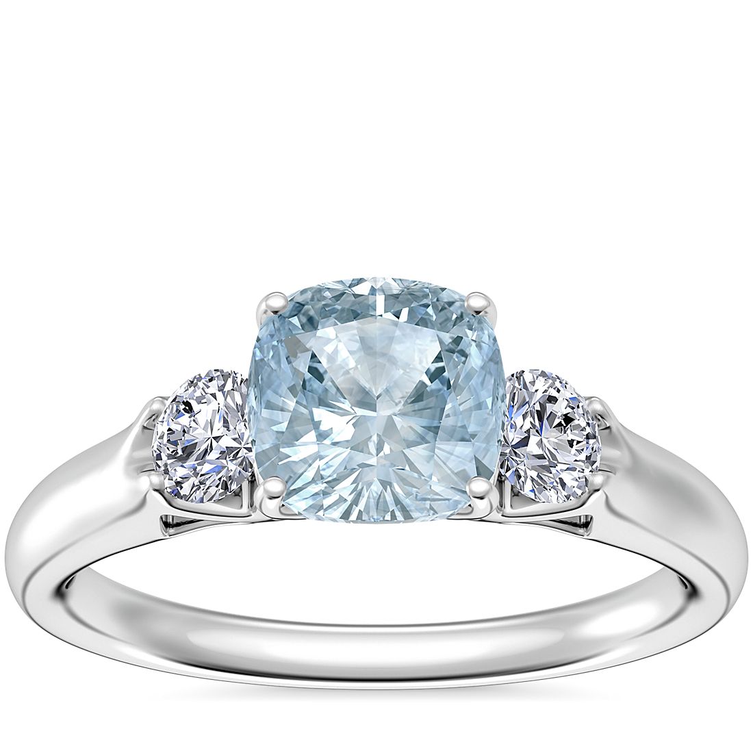 Classic Three Stone Engagement Ring with Cushion Aquamarine in 14k White Gold (6.5mm)