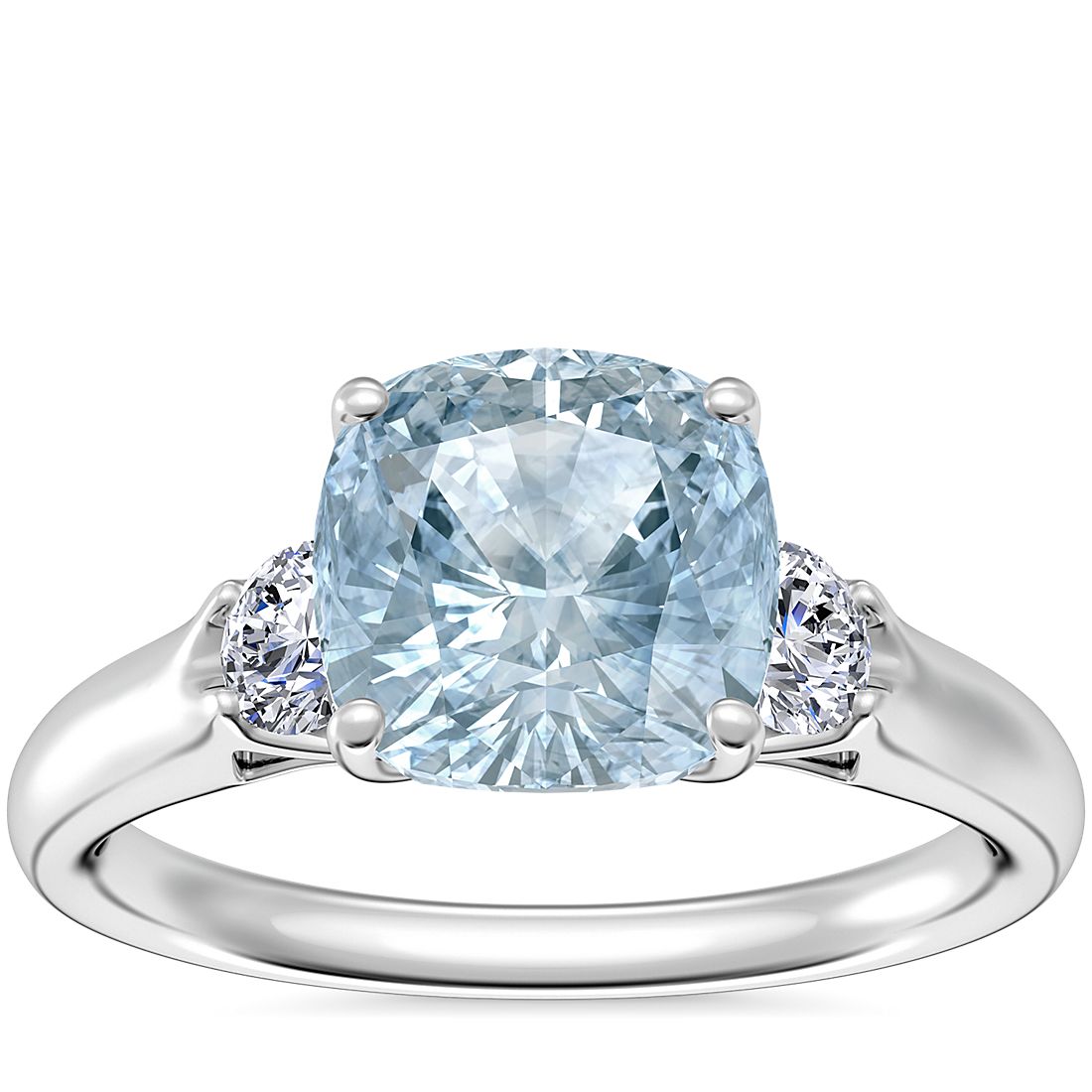 Classic Three Stone Engagement Ring with Cushion Aquamarine in 14k White Gold (8mm)