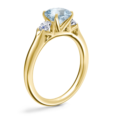 Classic Three Stone Engagement Ring with Cushion Aquamarine in 14k Yellow Gold (6.5mm)