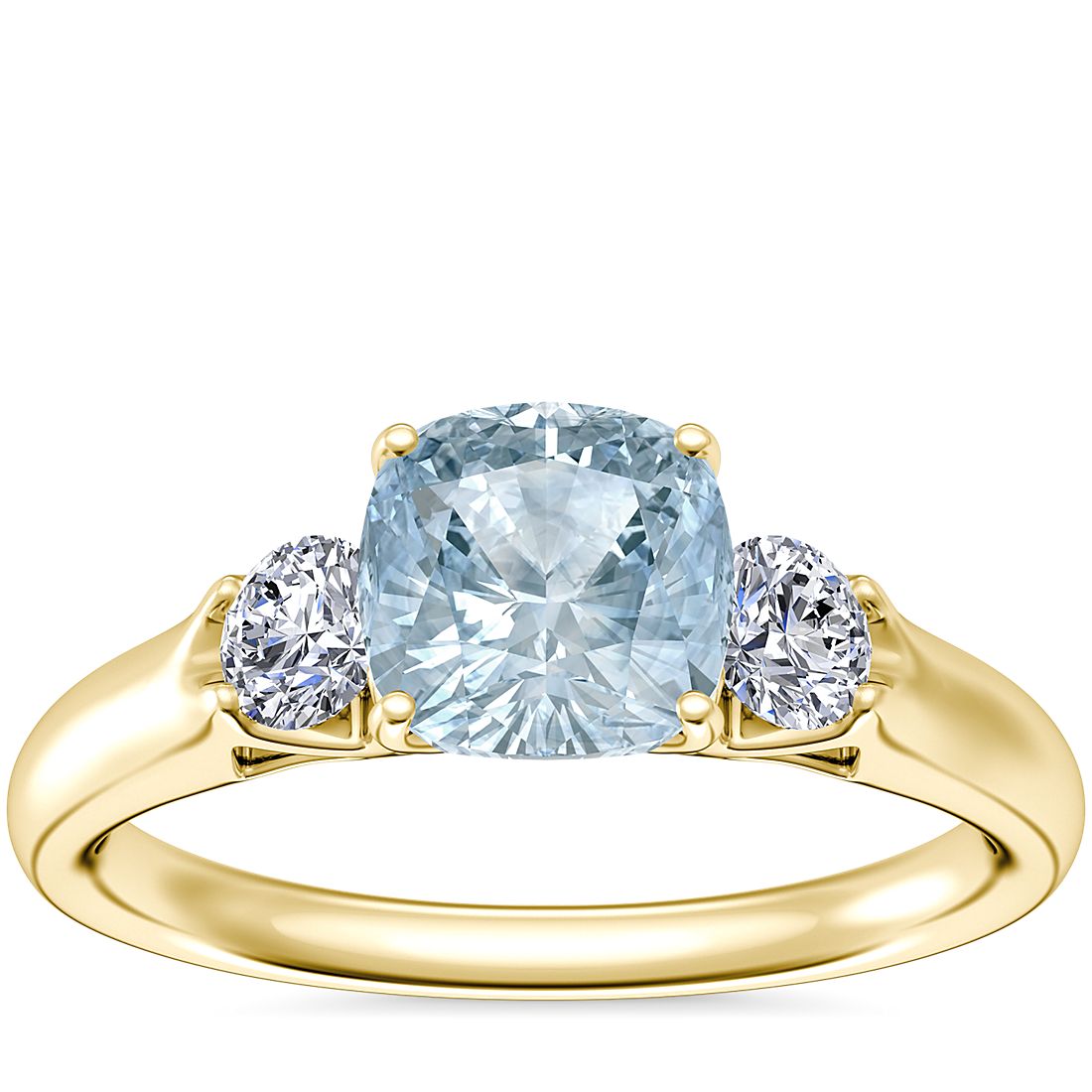 Classic Three Stone Engagement Ring with Cushion Aquamarine in 14k Yellow Gold (6.5mm)