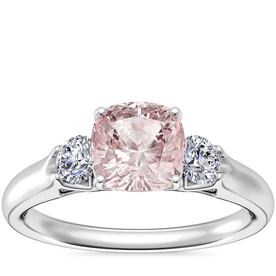 Classic Three Stone Engagement Ring with Cushion Morganite in 14k White Gold (6.5mm)