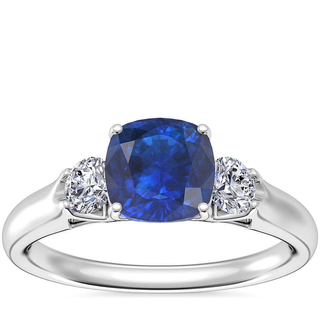 Classic Three Stone Engagement Ring with Cushion Sapphire in 14k White Gold (6mm)