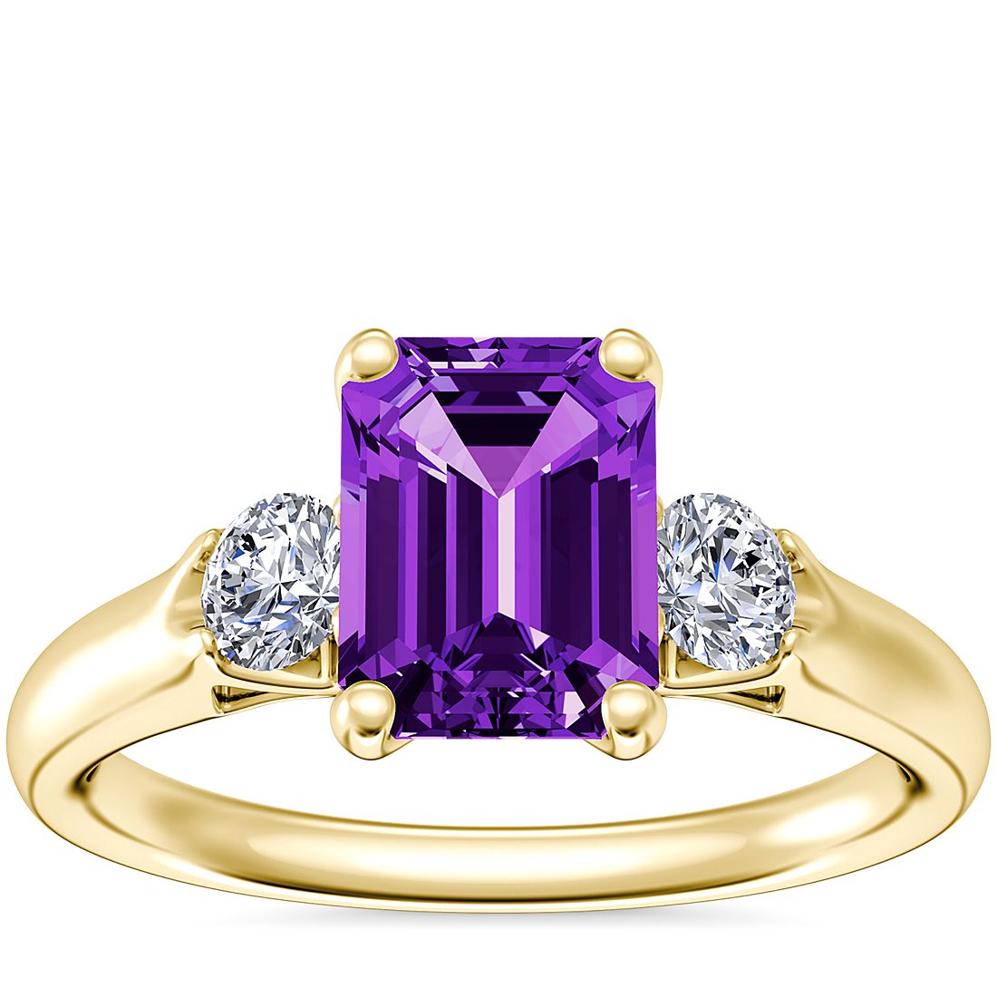 Classic Three Stone Engagement Ring with Emerald-Cut Amethyst in 18k Yellow Gold (8x6mm)