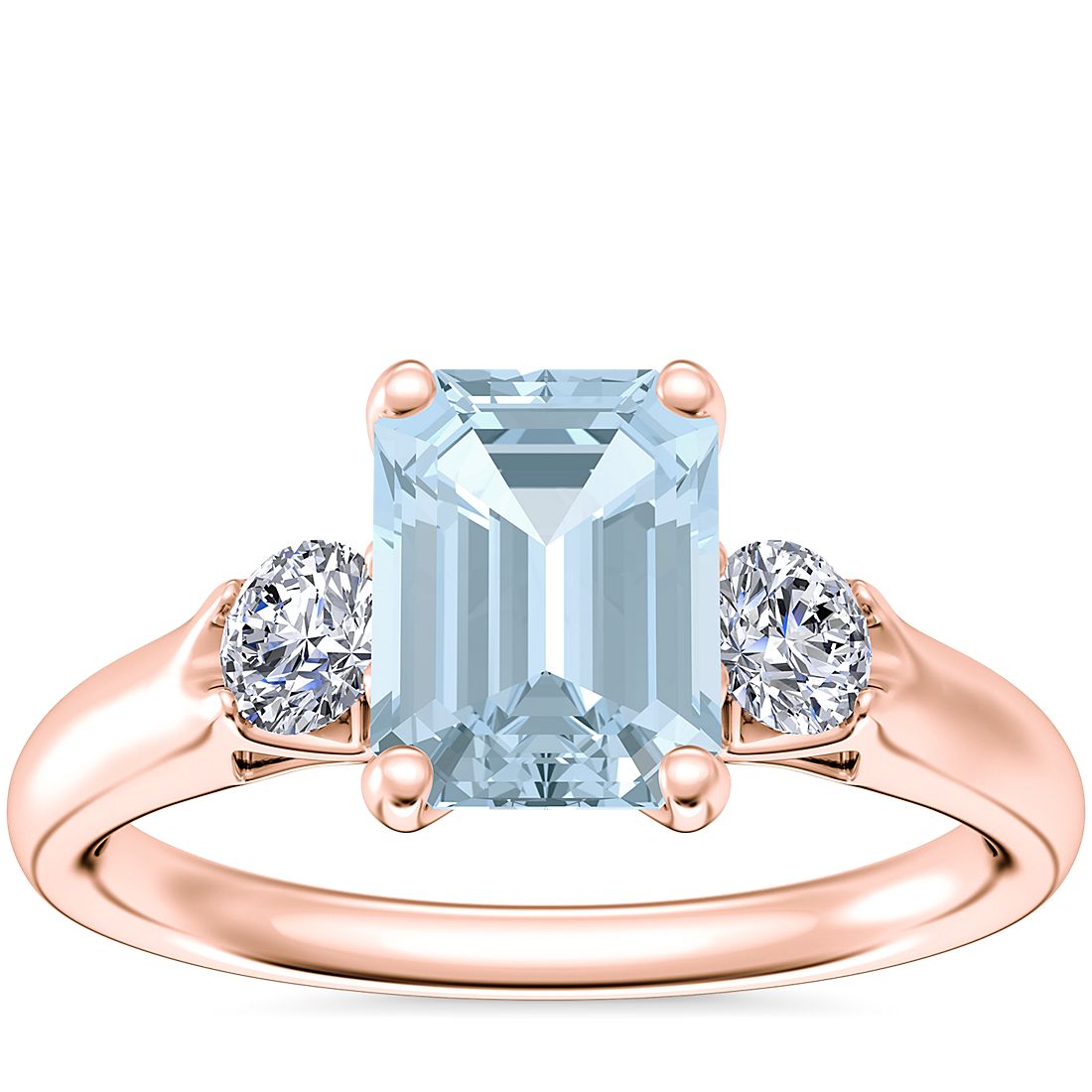 Classic Three Stone Engagement Ring with Emerald-Cut Aquamarine in 14k Rose Gold (8x6mm)