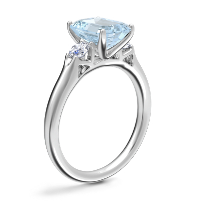 Classic Three Stone Engagement Ring with Emerald-Cut Aquamarine in 14k White Gold (9x7mm)