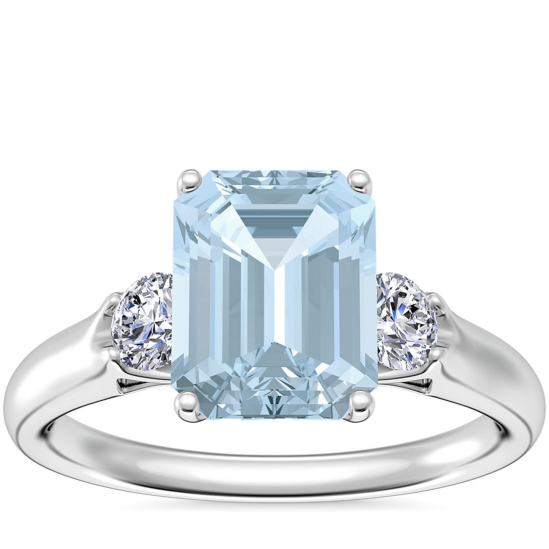 Classic Three Stone Engagement Ring with Emerald-Cut Aquamarine in 14k White Gold (9x7mm)