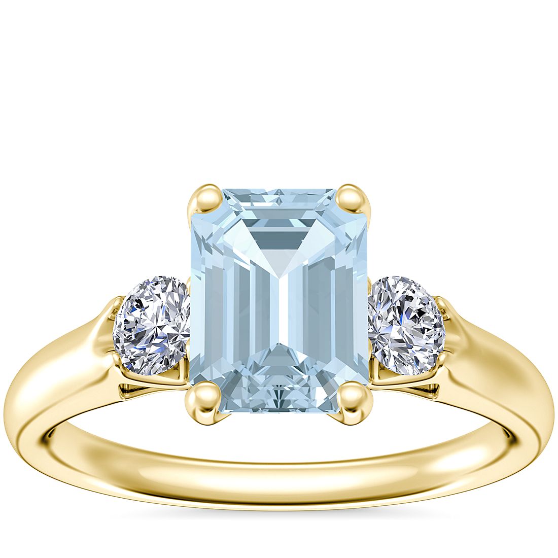Classic Three Stone Engagement Ring with Emerald-Cut Aquamarine in 14k Yellow Gold (8x6mm)