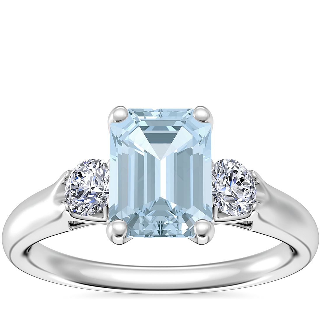 Classic Three Stone Engagement Ring with Emerald-Cut Aquamarine in Platinum (8x6mm)