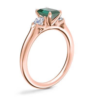 Classic Three Stone Engagement Ring with Emerald-Cut Emerald in 14k Rose Gold (7x5mm)