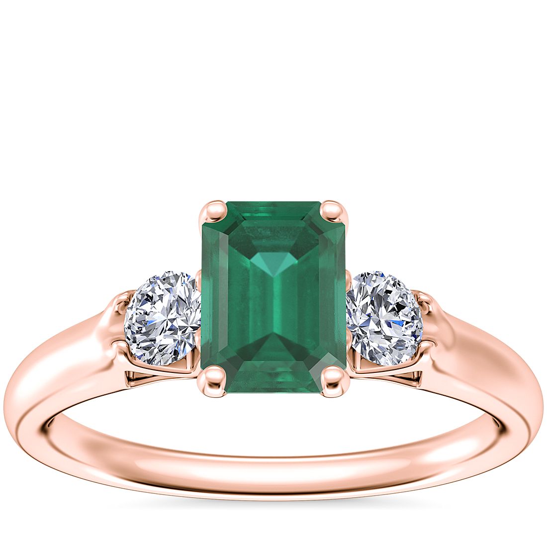 Classic Three Stone Engagement Ring with Emerald-Cut Emerald in 14k Rose Gold (7x5mm)