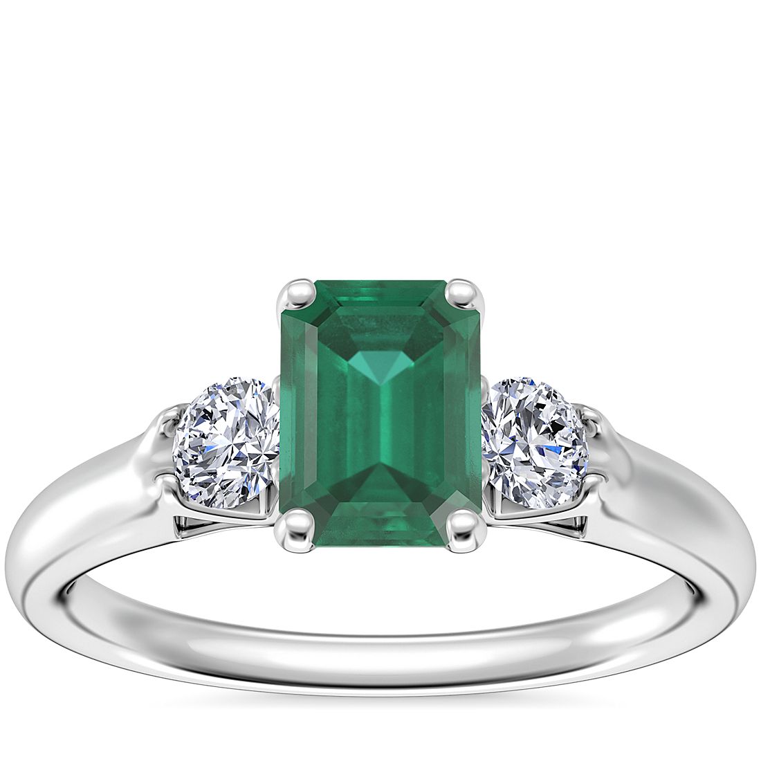 Classic Three Stone Engagement Ring with Emerald-Cut Emerald in 14k White Gold (7x5mm)