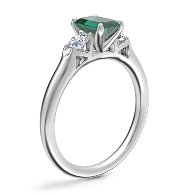 Classic Three Stone Engagement Ring with Emerald-Cut Emerald in 18k White Gold (7x5mm)