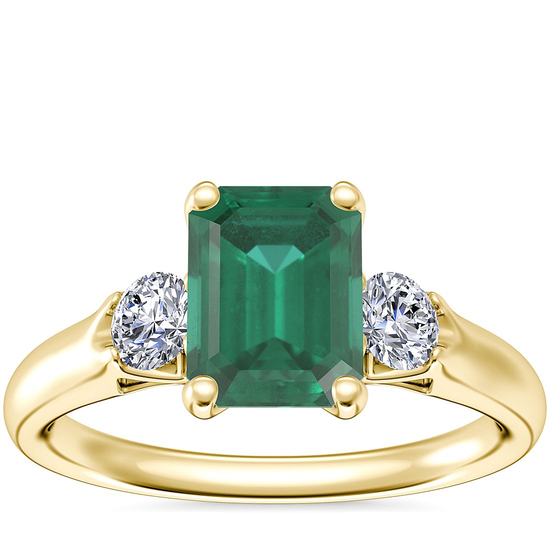 Classic Three Stone Engagement Ring with Emerald-Cut Emerald in 18k Yellow Gold (8x6mm)