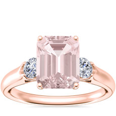 Classic Three Stone Engagement Ring with Emerald-Cut Morganite in 18k Rose Gold (9x7mm)
