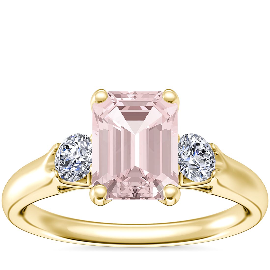 Classic Three Stone Engagement Ring with Emerald-Cut Morganite in 18k Yellow Gold (8x6mm)