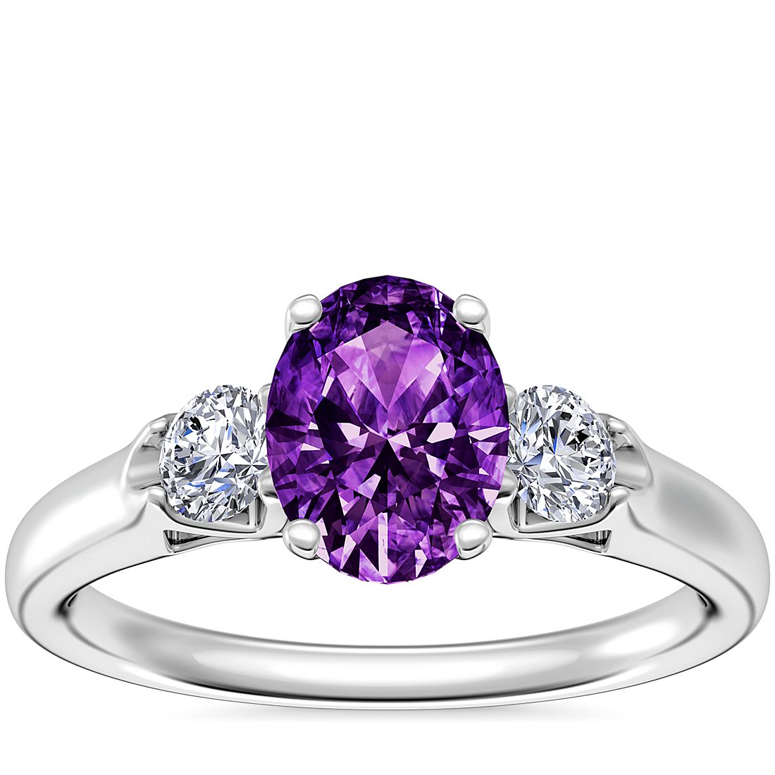 Classic Three Stone Engagement Ring with Oval Amethyst in 14k White Gold (8x6mm)