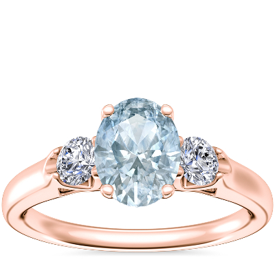 Classic Three Stone Engagement Ring with Oval Aquamarine in 14k Rose Gold (8x6mm)