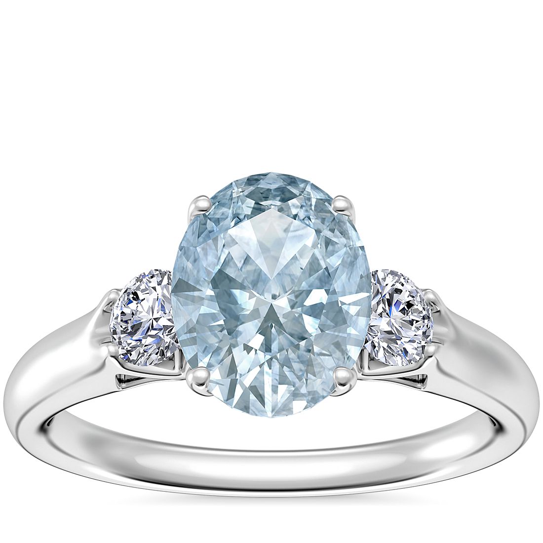 Classic Three Stone Engagement Ring with Oval Aquamarine in 14k White Gold (9x7mm)