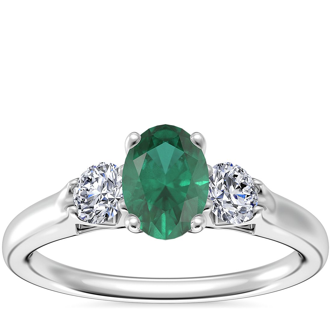 Classic Three Stone Engagement Ring with Oval Emerald in 14k White Gold (7x5mm)