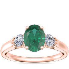 Classic Three Stone Engagement Ring with Oval Emerald in 18k Rose Gold (8x6mm)