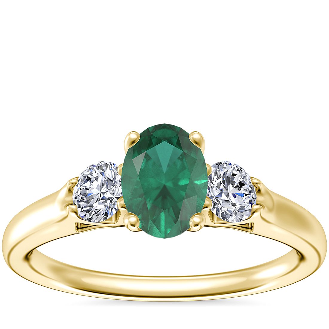 Classic Three Stone Engagement Ring with Oval Emerald in 18k Yellow Gold (7x5mm)
