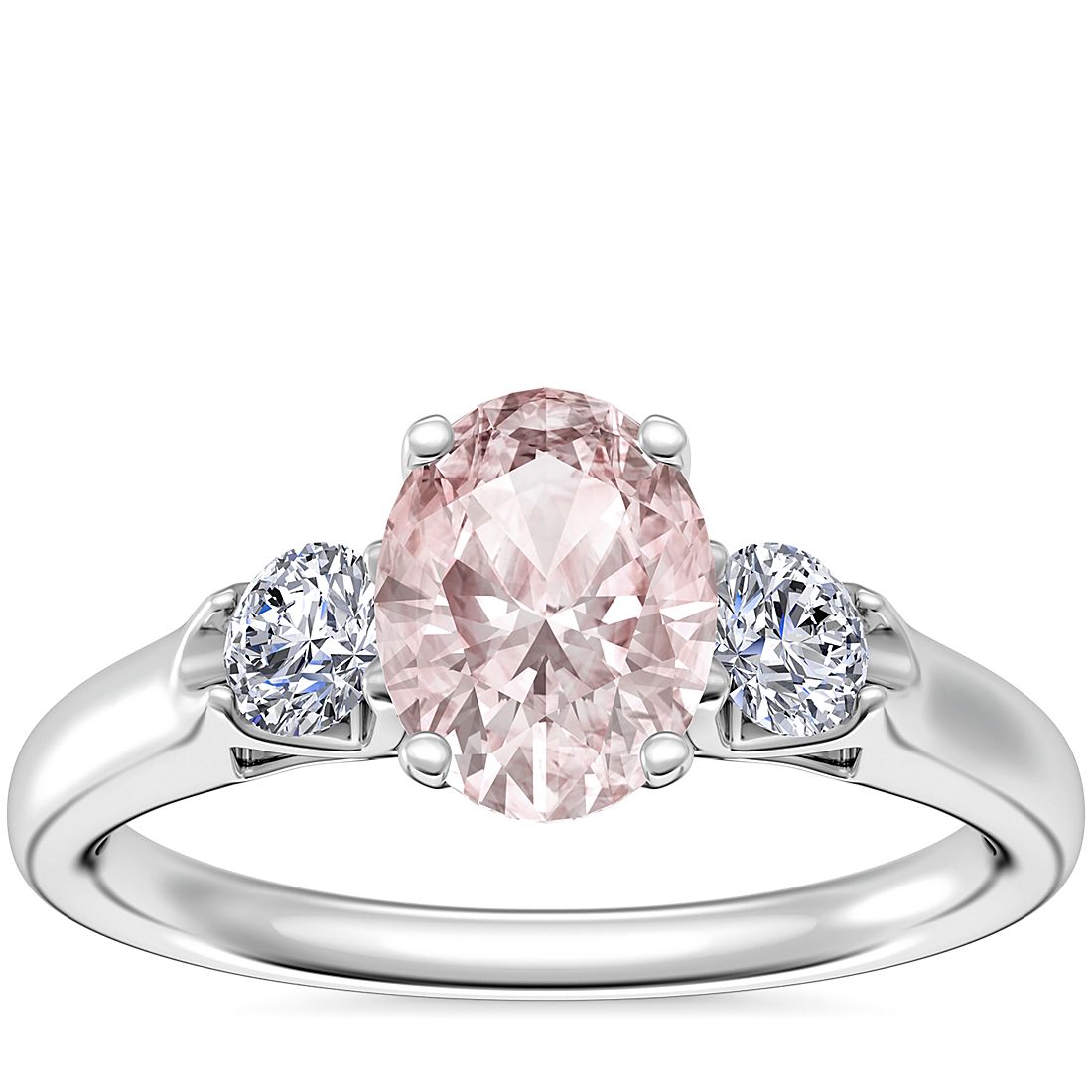 Classic Three Stone Engagement Ring with Oval Morganite in 14k White Gold (8x6mm)