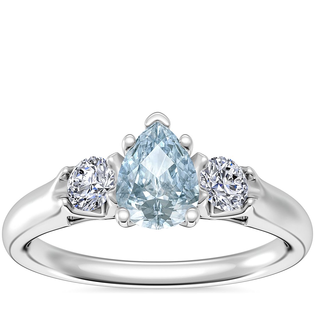Classic Three Stone Engagement Ring with Pear-Shaped Aquamarine in 14k White Gold (7x5mm)