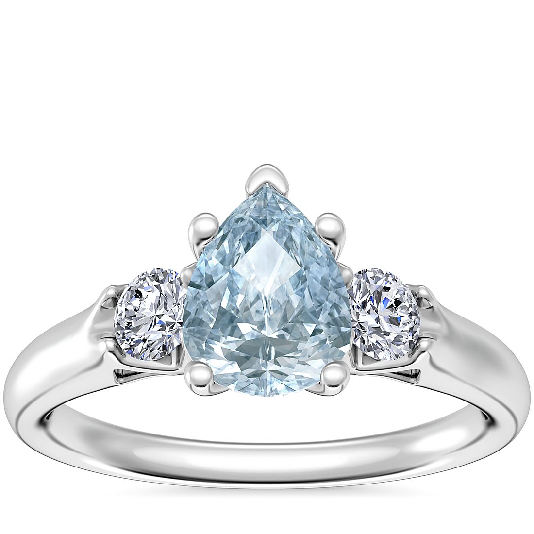 Classic Three Stone Engagement Ring with Pear-Shaped Aquamarine in 14k White Gold (8x6mm)