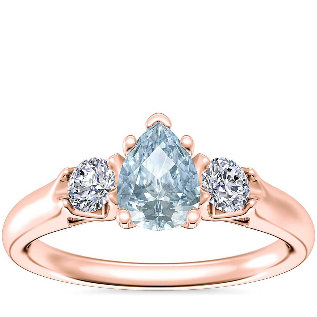 Classic Three Stone Engagement Ring with Pear-Shaped Aquamarine in 18k Rose Gold (7x5mm)