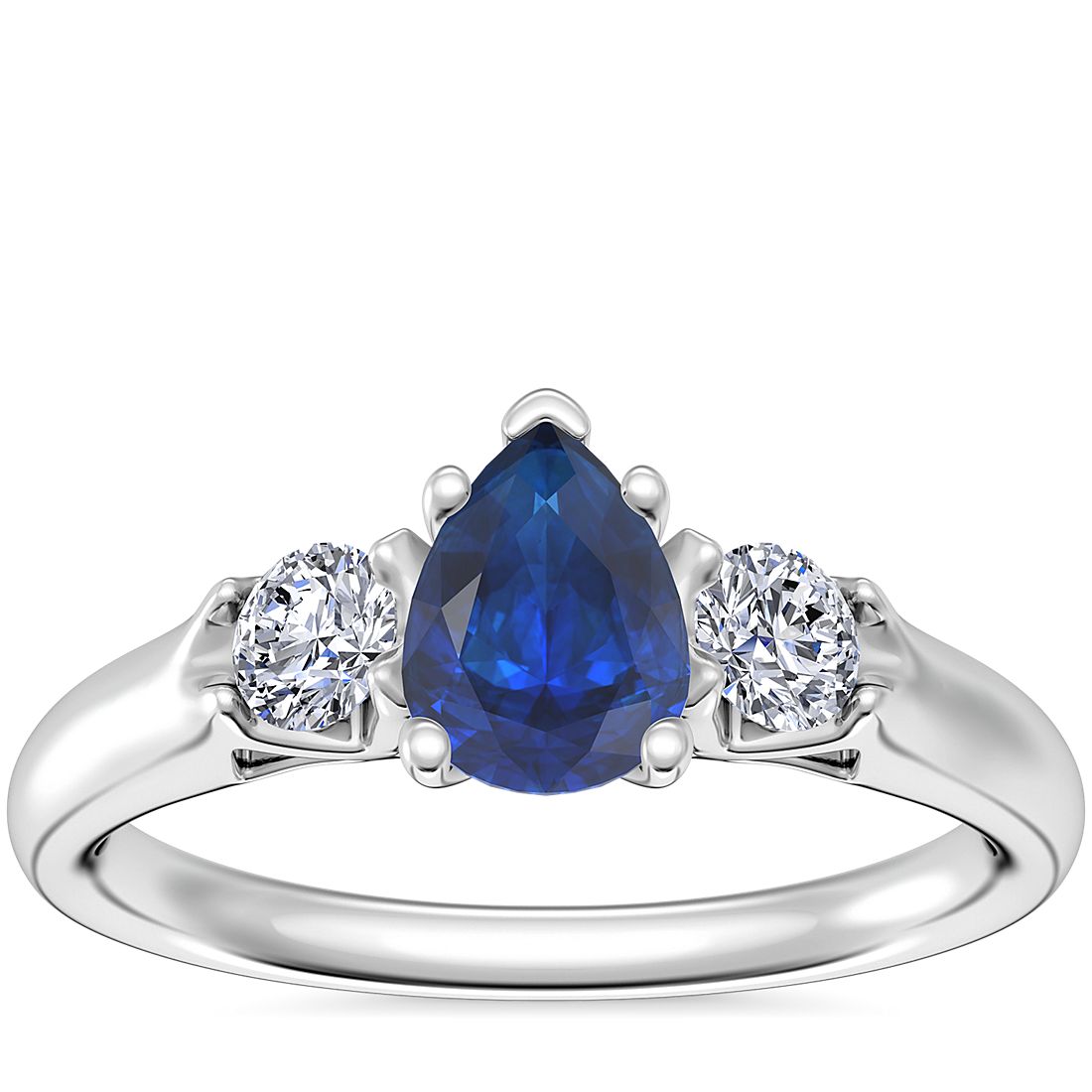 Classic Three Stone Engagement Ring with Pear-Shaped Sapphire in 14k White Gold (7x5mm)